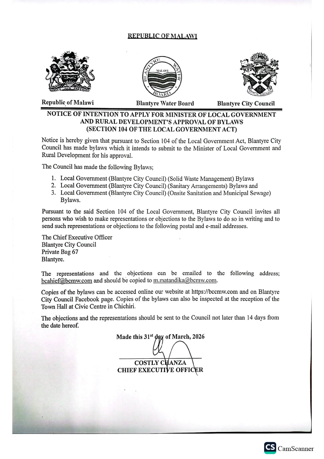Amendments to the Notice