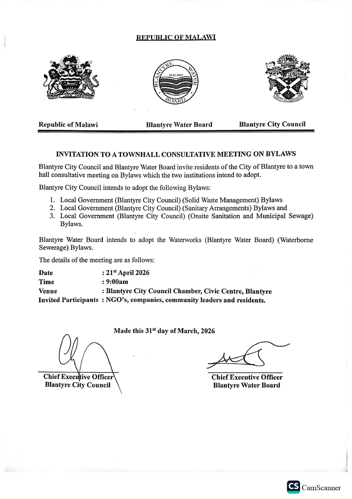 Amendments to the Notice